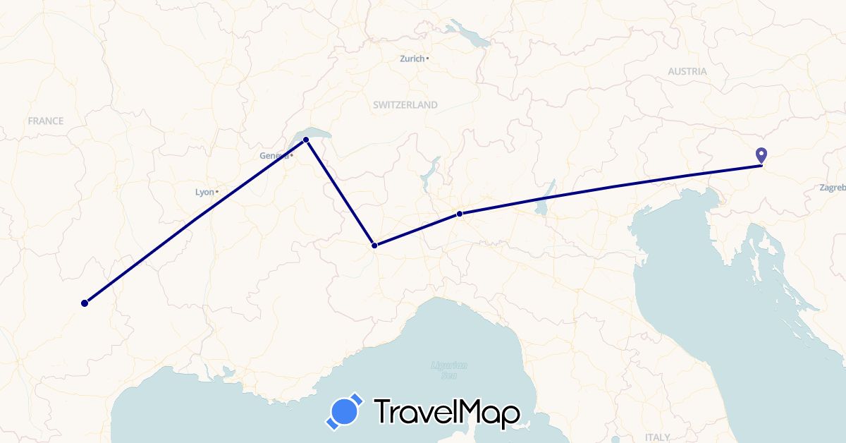 TravelMap itinerary: driving in France, Italy, Slovenia (Europe)